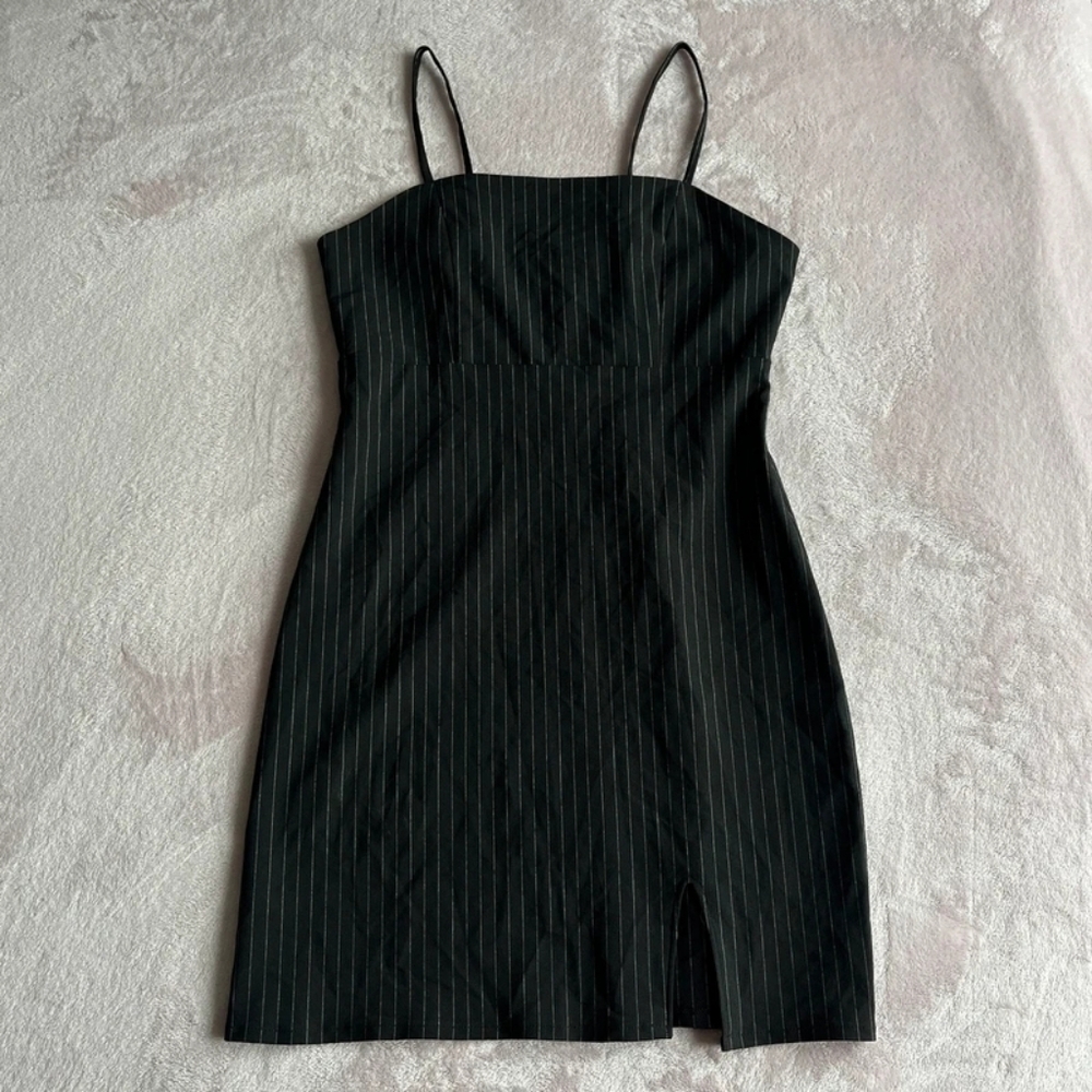 Black Pinstripe Spaghetti Strap Mini Dress